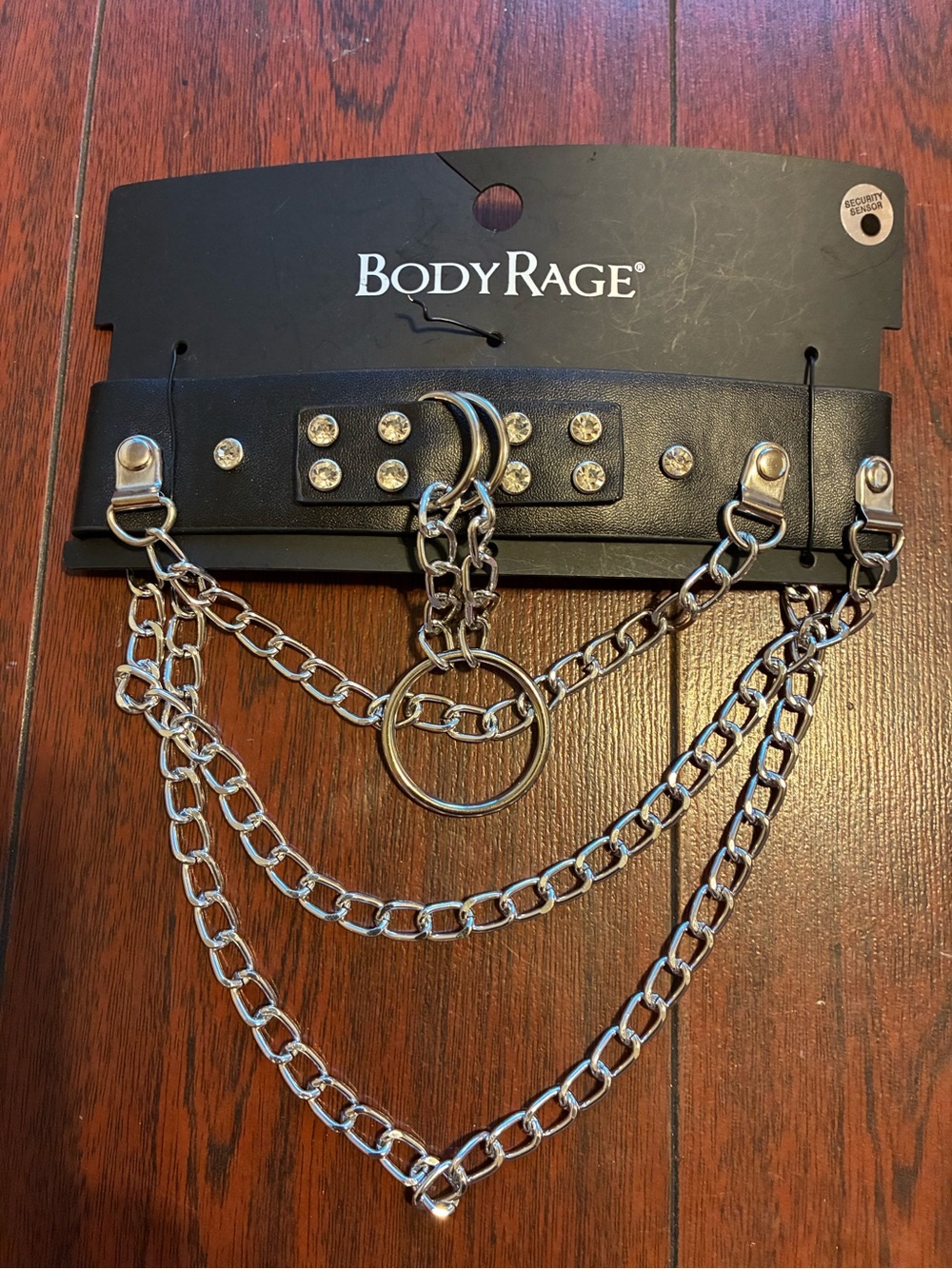 BodyRage Black Faux Leather Necklace with Silver Chains and Rings